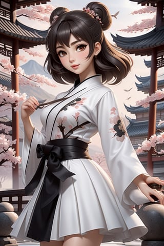 anime girl in full white outfit holding Japanese tshirt and wearing black skirt, in the style of traditional chinese painting, romantic fantasy, oil paintings, dark bronze and gray, cherry blossoms, serene faces, photo-realistic techniques 