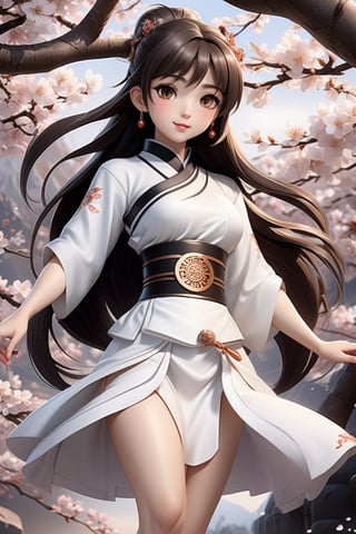 anime girl in full white outfit holding Japanese tshirt and wearing black skirt, in the style of traditional chinese painting, romantic fantasy, oil paintings, dark bronze and gray, cherry blossoms, serene faces, photo-realistic techniques 