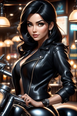 villainess woman with black hair in a leather jacket and beautiful silver biker jewelry, proudly sits on chopper motorcycle, focus front, rock pub in the background, cover, hyperdetailed photoshoot, luminism, Bar lighting, complex, 32k UHD resolution concept art portrait by Greg Rutkowski, Artgerm, WLOP, little fusion pojatti realistic goth, fractal isometrics details bioluminescens, anime style,