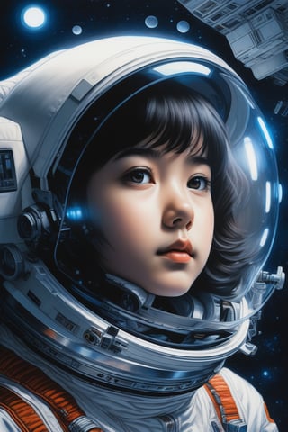 (masterpiece,best quality, ultra realistic, RAW photo), hyperrealistic art portrait of a young astronaut girl floating inside a spacestation,ink stippling, Karolis Strautniekas,omoide emanon, tsuruta kenji, murata range,kawaii, kyoto animation, manga, intricate, detailed, studio lighting, gradation,editorial illustration, matte print, Ilya Kuvshinov . extremely high-resolution details, photographic, realism pushed to extreme, fine texture, incredibly lifelike