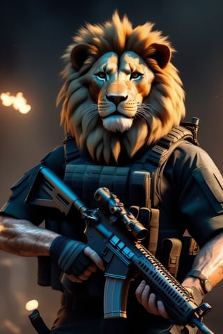 Battle-scarred angry lion army wearing black ops uniform, holding carbine rifle, anthropomorphic, super detail, ultra hd, 8k, real life, maximum facial detail, cinematic lighting