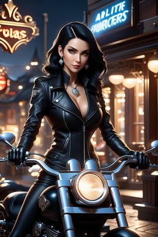 villainess woman with black hair in a leather jacket and beautiful silver biker jewelry, proudly sits on chopper motorcycle, focus front, rock pub in the background, cover, hyperdetailed photoshoot, luminism, Bar lighting, complex, 32k UHD resolution concept art portrait by Greg Rutkowski, Artgerm, WLOP, little fusion pojatti realistic goth, fractal isometrics details bioluminescens, anime style,