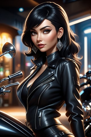 villainess woman with black hair in a leather jacket and beautiful silver biker jewelry, proudly sits on chopper motorcycle, focus front, rock pub in the background, cover, hyperdetailed photoshoot, luminism, Bar lighting, complex, 32k UHD resolution concept art portrait by Greg Rutkowski, Artgerm, WLOP, little fusion pojatti realistic goth, fractal isometrics details bioluminescens