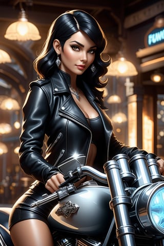 villainess woman with black hair in a leather jacket and beautiful silver biker jewelry, proudly sits on chopper motorcycle, focus front, rock pub in the background, cover, hyperdetailed photoshoot, luminism, Bar lighting, complex, 32k UHD resolution concept art portrait by Greg Rutkowski, Artgerm, WLOP, little fusion pojatti realistic goth, fractal isometrics details bioluminescens