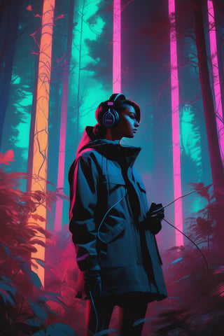 (masterpiece,best quality, ultra realistic, RAW photo),vaporwave style, retro aesthetic, cyberpunk, vibrant, neon colors, vintage 80s and 90s style, highly detailed, analog film photo 1 6 mm, film, a non - binary vr musician plugging cables into trees in a mystical glowing forest in the style of artgerm, charlie bowater, atey ghailan and mike mignola, vibrant colors and hard shadows and strong rim light, perfect details, comic cover art, trending on artstation, 3 d render, smooth render, wlop . faded film, desaturated, 35mm photo, grainy, vignette, vintage, Kodachrome, Lomography, stained, highly detailed, found footage