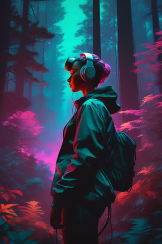 (masterpiece,best quality, ultra realistic, RAW photo),vaporwave style, retro aesthetic, cyberpunk, vibrant, neon colors, vintage 80s and 90s style, highly detailed, analog film photo 1 6 mm, film, a non - binary vr musician plugging cables into trees in a mystical glowing forest in the style of artgerm, charlie bowater, atey ghailan and mike mignola, vibrant colors and hard shadows and strong rim light, perfect details, comic cover art, trending on artstation, 3 d render, smooth render, wlop . faded film, desaturated, 35mm photo, grainy, vignette, vintage, Kodachrome, Lomography, stained, highly detailed, found footage