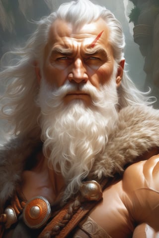 painted portrait of rugged odin, god of war, nordic god, white hair, masculine, mature, handsome, upper body, grey and silver, muscular, hairy torso, fantasy, intricate, muscular, elegant, highly detailed, digital painting, artstation, concept art, smooth, sharp focus, illustration, art by gaston bussiere and alphonse mucha