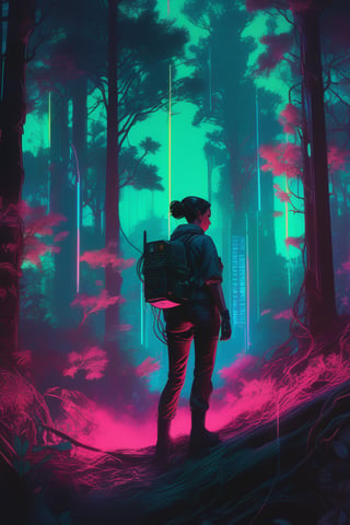 (masterpiece,best quality, ultra realistic, RAW photo),vaporwave style, retro aesthetic, cyberpunk, vibrant, neon colors, vintage 80s and 90s style, highly detailed, analog film photo 1 6 mm, film, a non - binary vr musician plugging cables into trees in a mystical glowing forest in the style of artgerm, charlie bowater, atey ghailan and mike mignola, vibrant colors and hard shadows and strong rim light, perfect details, comic cover art, trending on artstation, 3 d render, smooth render, wlop . faded film, desaturated, 35mm photo, grainy, vignette, vintage, Kodachrome, Lomography, stained, highly detailed, found footage