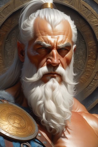 painted portrait of rugged odin, god of war, nordic god, white hair, masculine, mature, handsome, upper body, grey and silver, muscular, hairy torso, fantasy, intricate, muscular, elegant, highly detailed, digital painting, artstation, concept art, smooth, sharp focus, illustration, art by gaston bussiere and alphonse mucha