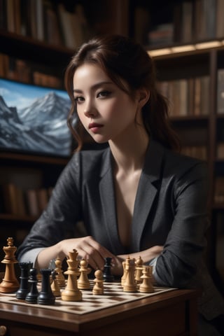 (masterpiece,best quality, ultra realistic,32k,RAW photo,detailed skin, 8k uhd, high quality:1.2), \Lilia (Mushoku Tensei)\, Playing chess, hyperrealistic art magic universe wind coming out of a computer screen, mystical shootingstars, artstation, James Gurney . extremely high-resolution details, photographic, realism pushed to extreme, fine texture, incredibly lifelike