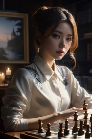 (masterpiece,best quality, ultra realistic,32k,RAW photo,detailed skin, 8k uhd, high quality:1.2), \Lilia (Mushoku Tensei)\, Playing chess, hyperrealistic art magic universe wind coming out of a computer screen, mystical shootingstars, artstation, James Gurney . extremely high-resolution details, photographic, realism pushed to extreme, fine texture, incredibly lifelike