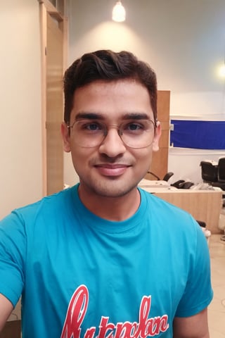 1boy, masterpiece, handsome, looking at viewer, blue eyes, 6yo, t-shirt, silky smooth hair, Taper Fade hair style, medium hair,cute smile, walking, from sside, glasses