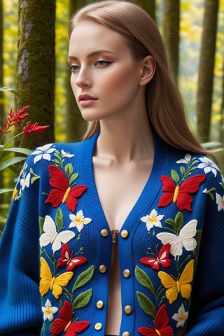 knitted cardigan: woolen with blue, white, yellow, green, red threads with voluminous embroidery:: summer forest, or, butterflies, lilies of the valley, bees, deep color, pattern, leaves, Balenciaga, Watercolor, trending on artstation, sharp focus, studio photo, intricate details, highly detailed, by greg rutkowski