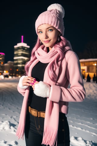 1girl, solo, long hair, breasts, looking at viewer, smile, blue eyes, gloves, hat, holding, jewelry, closed mouth, standing, pink hair, cowboy shot, earrings, outdoors, white gloves, scarf, sweater, lips, coat, night, white headwear, building, box, pom pom \(clothes\), snow, gift, snowing, city, realistic, beanie, gift box, winter clothes, holding gift, winter, pink scarf, incoming gift,huge ass