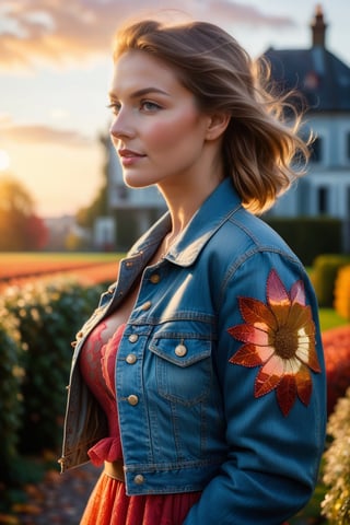 The DSLR camera focuses intimately on a woman's visage, revealing the faintest glimmer of joy in her eyes. Her skin is bathed in the soft, golden light of a late afternoon sun, casting a celestial glow. She's adorned in a vintage denim jacket, a contrast to the delicate lace of her dress beneath. The light falls from the side, creating a dynamic contrast and depth. Behind her, an autumnal park blurs into a mosaic of oranges and reds, the overcast sky hinting at the crisp chill of an impending evening. The atmosphere is one of quiet anticipation, the season's turn captured in a single, ephemeral moment.