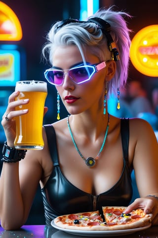 Hyperrealistic, close-up portrait of a radiant gray-haired cyberpunk girl, clad in futuristic attire and emblazoned with neon accents, holding a beaded iced glass of beer that drips onto a sizzling summer asscrain, surrounded by a whirlwind of detailed, suspended pizza slices, creating a dynamic and complex visual narrative.