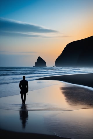 In a cinematic masterpiece, a lone figure stands at a distance on a black beach, the blue hues of the water waves contrasting starkly against the dark sand. The composition is perfectly framed, capturing the vastness of the scene with the person serving as a focal point against the serene backdrop. This cinematic shot exudes a sense of tranquility and introspection, inviting viewers to immerse themselves in the beauty of the natural world.