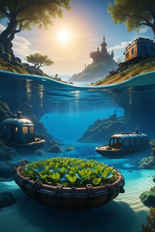 Subnautica mixed with Metro Exodus, landscape, Shimmering stars, Sapphire blue lagoons, Lush vineyard, Plains, Retro Art, Ceramics, Cross-Processing Photography, crisp, detailed, luminous, clarity, balanced, 4K-resolution, focused high-resolution, contrast, rich-colors,, rural, fearful, defiant, cool, obsequious, xenophobic, lonely, bark, extra-small, alive,