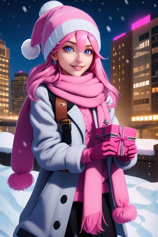 1girl, solo, long hair, breasts, looking at viewer, smile, blue eyes, gloves, hat, holding, jewelry, closed mouth, standing, pink hair, cowboy shot, earrings, outdoors, white gloves, scarf, sweater, lips, coat, night, white headwear, building, box, pom pom \(clothes\), snow, gift, snowing, city, realistic, beanie, gift box, winter clothes, holding gift, winter, pink scarf, incoming gift