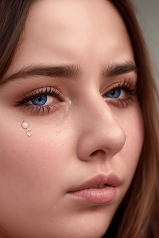 1girl, solo, looking at viewer, short hair, brown hair, closed mouth, lips, portrait, close-up, realistic, nose, crying,Enhance