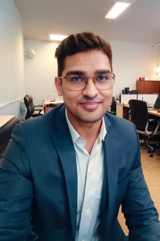 1boy, masterpiece, handsome, looking at viewer, blue eyes, 30yo, two piece suit, silky smooth hair, Taper Fade hair style, medium hair,cute smile, sitting, office, using computer, glasses