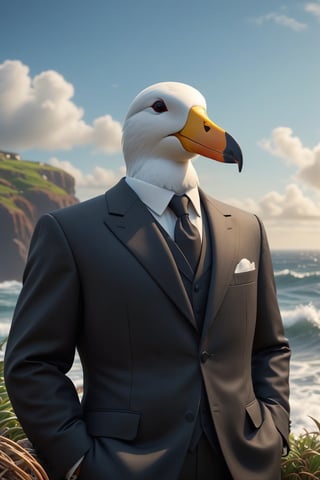 cinematic lighting, extremely detailed, high detail, hires textures, incredibly detailed, intricate details, intricate diorama, masterpiece, outstanding intricacies, photorealism, true masterpiece, wearing a suit, shore background, luscious, Exquisite, Albatross