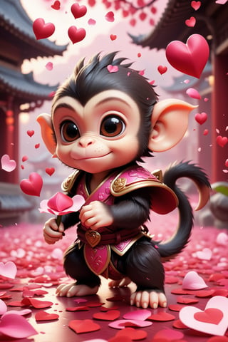 (valentine's day theme:1.5),(splash playing lots of pink rose petals and pink hearts background:1.4), (fusion of monkey magic and baby dragon), cute dragon monkey, little dragon monkey, baby dragon monkey, ancient chinese town, chibi emote, monkey magic, wearing a samurai armor, red aura background, ,,,,