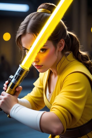 cinematic photo of Belle training with a (yellow lightsaber) at the jedi academy, 1girl, .35mm photograph, film, bokeh, professional, 4k, highly detailed, 