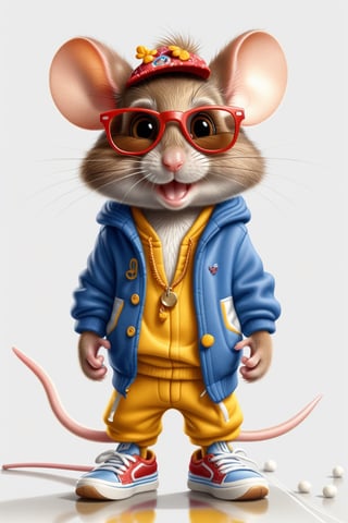 a mouse , full-length , smiling , standing on its hind legs , in beautiful stylish clothes , sneakers on its hind legs , in the center of the frame , high definition , high resolution , on a white background , cartoon style, trending on artstation, sharp focus, studio photo, intricate details, highly detailed, by greg rutkowski