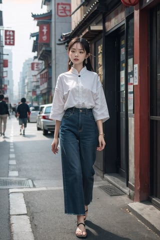 young asian lady walking in chinese street, hyper realistic, 4k