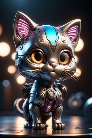 A hyper-detailed complex 3d render of a cute cyborg kitten made out of metal, glowing cinematic, detailed wire, vibrant details, unreal engine, octane render, cinematic shot, flawless detail, award-winning, expertly crafted, meticulously composed photography, creative, 8k, rim light, dynamic lighting