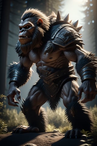 Bigfoot, Feral Ork in armor hyper realistic photograph, profile portrait, dark fantasy, magic, light flare intricate details unreal engine octane render, 8k