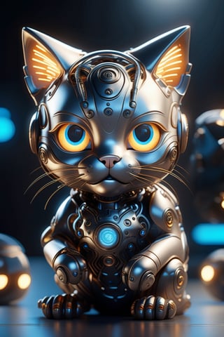 A hyper-detailed complex 3d render of a cute cyborg kitten made out of metal, glowing cinematic, detailed wire, vibrant details, unreal engine, octane render, cinematic shot, flawless detail, award-winning, expertly crafted, meticulously composed photography, creative, 8k, rim light, dynamic lighting