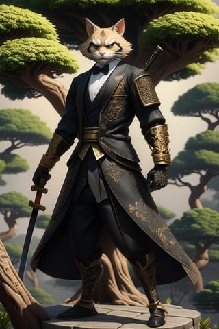 (masterpiece,best quality, ultra realistic,32k,RAW photo,detailed skin, 8k uhd, high quality:1.2), pixel-art painting of a anthropomorphic tree samurai with two branches for arms holding katanas, wearing a black formal tuxedo, digital painting, trending on artstation, highly detailed, photorealistic