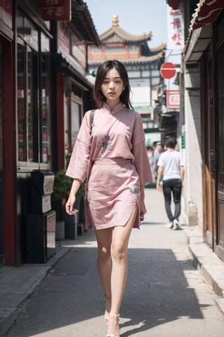 young asian lady walking in chinese street, hyper realistic, 4k