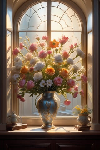 painting of a bouquet of flowers in vase, stunning detailed scene, ((window in background)), wide shot, bright soft diffused light, glow, digital painting, artstation, concept art, intricate, highly detailed, volumetric lighting, masterpiece, trending on Artstation, art by artgerm and greg rutkowski and alphonse mucha, hdr 4k, 8k