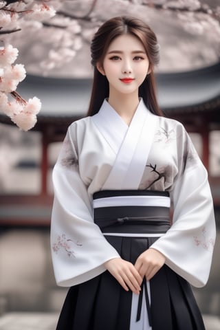 anime girl in full white outfit holding Japanese tshirt and wearing black skirt, in the style of traditional chinese painting, romantic fantasy, oil paintings, dark bronze and gray, cherry blossoms, serene faces, photo-realistic techniques 