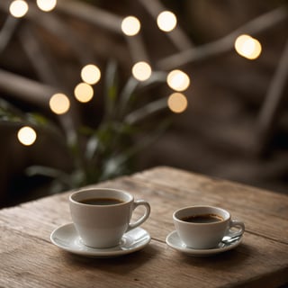 A white cup of coffee stands on a wooden table against the background of bokeh, lights, a beige book and a camomile lie nearby, beautiful atmospheric light, sharp-focus, high-quality, artistic, unique, attention to detail, realistic photography,