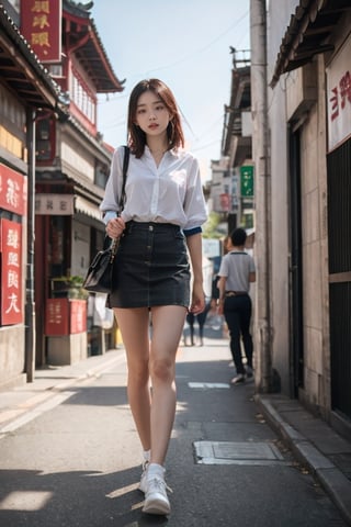 young asian lady walking in chinese street, hyper realistic, 4k