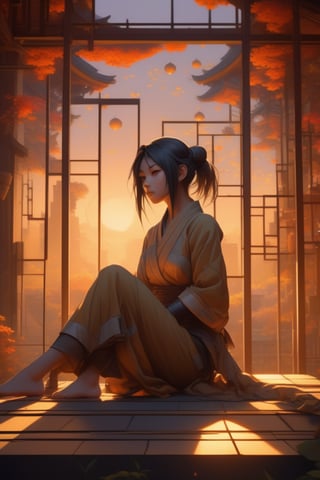 (masterpiece,best quality, ultra realistic,32k,RAW photo,detailed skin, 8k uhd, high quality:1.2), cubist artwork digital anime art in the style of netflix arcane, cute female shinobi sitting on an old oriental roof at golden hour, wlop, alphonse mucha, greg rutkowski, ilya kuvshinov, backlit . geometric shapes, abstract, innovative, revolutionary