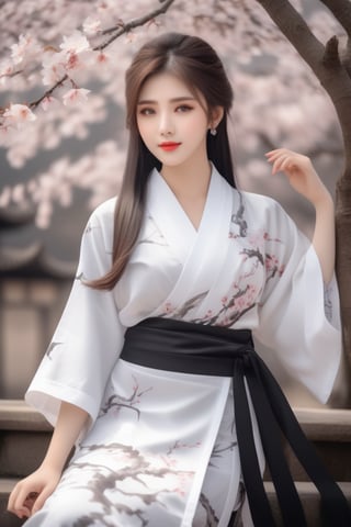 anime girl in full white outfit holding Japanese tshirt and wearing black skirt, in the style of traditional chinese painting, romantic fantasy, oil paintings, dark bronze and gray, cherry blossoms, serene faces, photo-realistic techniques 