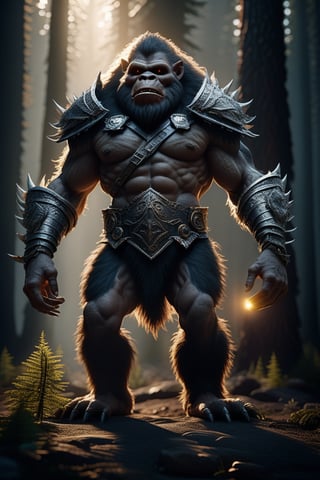 Bigfoot, Feral Ork in armor hyper realistic photograph, profile portrait, dark fantasy, magic, light flare intricate details unreal engine octane render, 8k