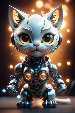 A hyper-detailed complex 3d render of a cute cyborg kitten made out of metal, glowing cinematic, detailed wire, vibrant details, unreal engine, octane render, cinematic shot, flawless detail, award-winning, expertly crafted, meticulously composed photography, creative, 8k, rim light, dynamic lighting