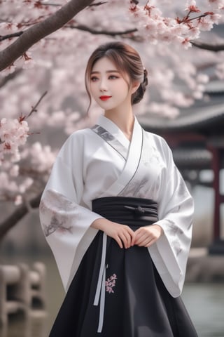 anime girl in full white outfit holding Japanese tshirt and wearing black skirt, in the style of traditional chinese painting, romantic fantasy, oil paintings, dark bronze and gray, cherry blossoms, serene faces, photo-realistic techniques 