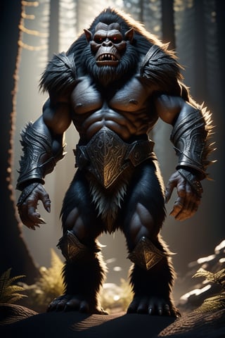 Bigfoot, Feral Ork in armor hyper realistic photograph, profile portrait, dark fantasy, magic, light flare intricate details unreal engine octane render, 8k