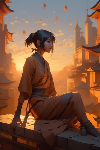 (masterpiece,best quality, ultra realistic,32k,RAW photo,detailed skin, 8k uhd, high quality:1.2), cubist artwork digital anime art in the style of netflix arcane, cute female shinobi sitting on an old oriental roof at golden hour, wlop, alphonse mucha, greg rutkowski, ilya kuvshinov, backlit . geometric shapes, abstract, innovative, revolutionary