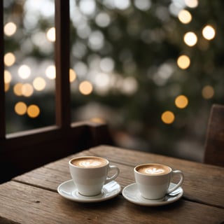 A white cup of coffee stands on a wooden table against the background of bokeh, lights, a beige book and a camomile lie nearby, beautiful atmospheric light, sharp-focus, high-quality, artistic, unique, attention to detail, realistic photography,