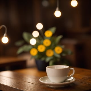 A white cup of coffee stands on a wooden table against the background of bokeh, lights, a beige book and a camomile lie nearby, beautiful atmospheric light, sharp-focus, high-quality, artistic, unique, attention to detail, realistic photography,