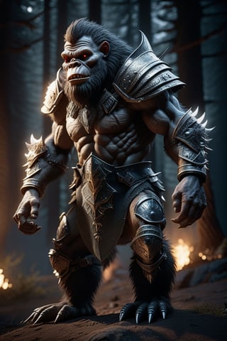 Bigfoot, Feral Ork in armor hyper realistic photograph, profile portrait, dark fantasy, magic, light flare intricate details unreal engine octane render, 8k