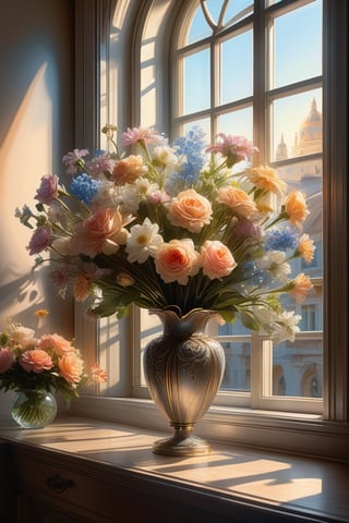 painting of a bouquet of flowers in vase, stunning detailed scene, ((window in background)), wide shot, bright soft diffused light, glow, digital painting, artstation, concept art, intricate, highly detailed, volumetric lighting, masterpiece, trending on Artstation, art by artgerm and greg rutkowski and alphonse mucha, hdr 4k, 8k